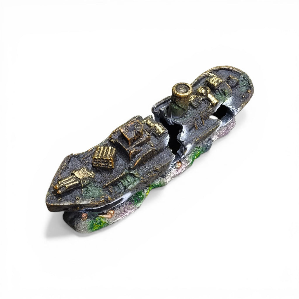 Maroc-animalerie shipwreck aquarium ornament, realistic resin sunken ship decoration with broken hull and weathered details.