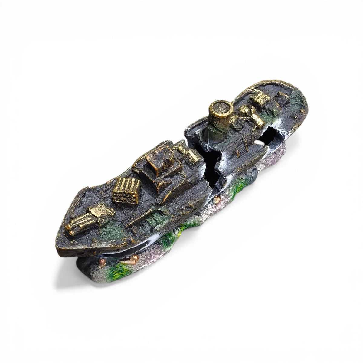 Maroc-animalerie shipwreck aquarium ornament, realistic resin sunken ship decoration with broken hull and weathered details.