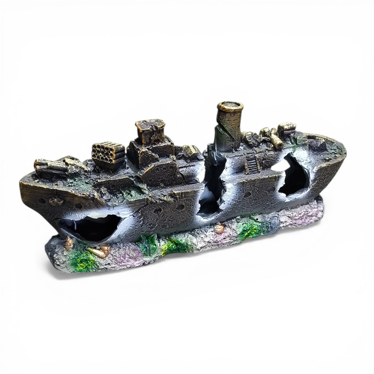 Maroc-animalerie shipwreck aquarium ornament, realistic resin ship decoration with broken hull and weathered details.