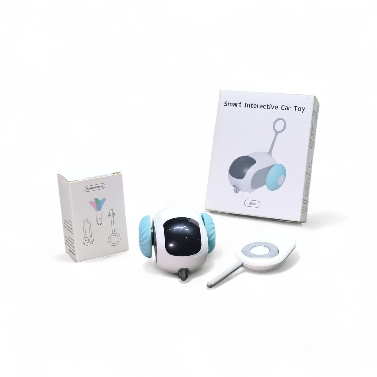 Maroc-animalerie white and blue ABS plastic smart interactive robot car toy with remote control for pets.
