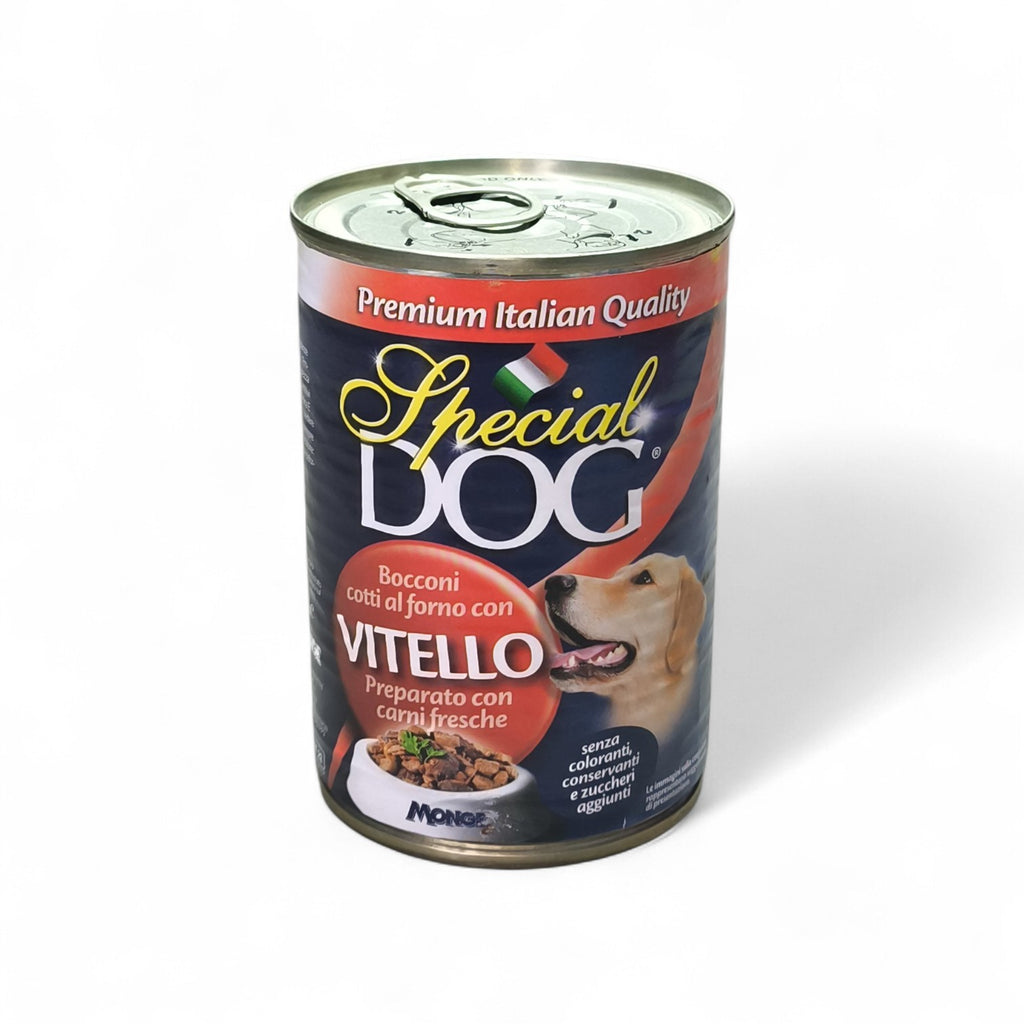 Maroc-animalerie Special Dog Vitello premium wet dog food can with veal, oven-baked morsels, and fresh meat. No artificial colors, preservatives, or added sugars.