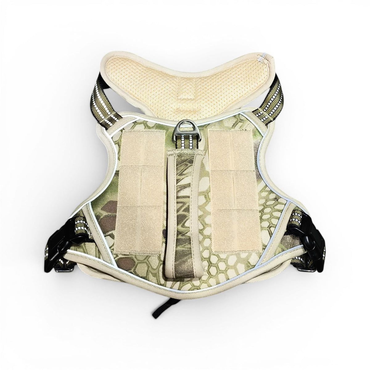 Maroc-animalerie tactical dog harness with camouflage pattern, padded, adjustable straps, and D-ring.
