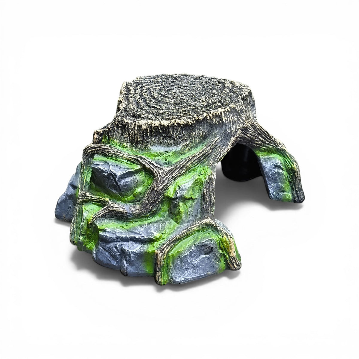 Maroc-animalerie artificial tree stump hideaway aquarium ornament with mossy accents and openings for fish.