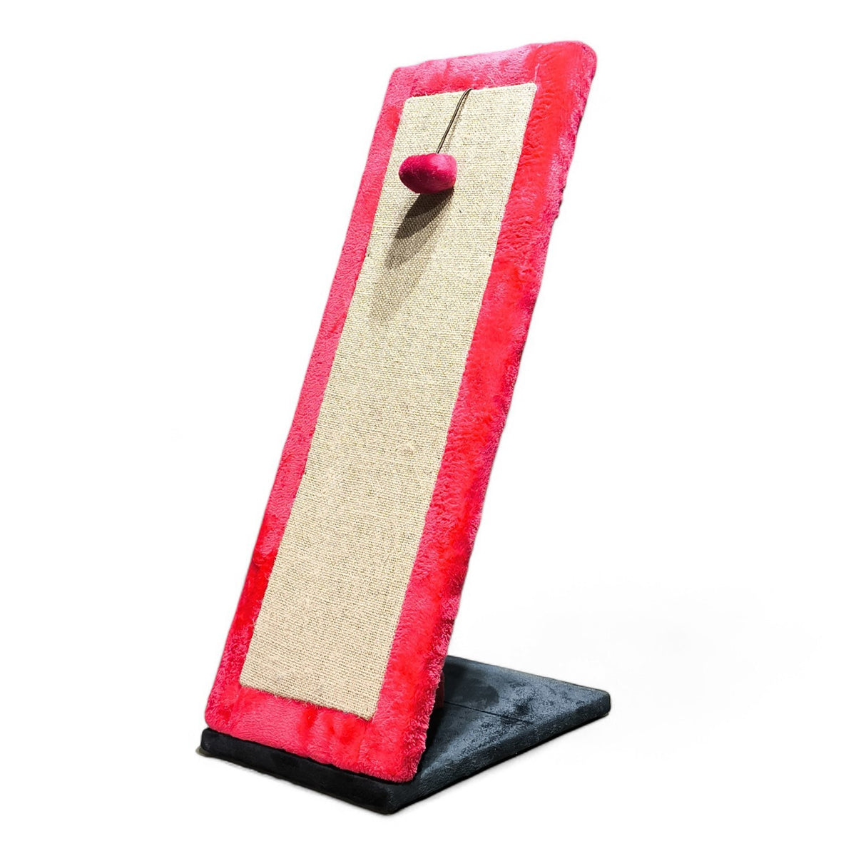 Maroc-animalerie vertical cat scratching post with sisal surface, plush trim, and dangling toy.