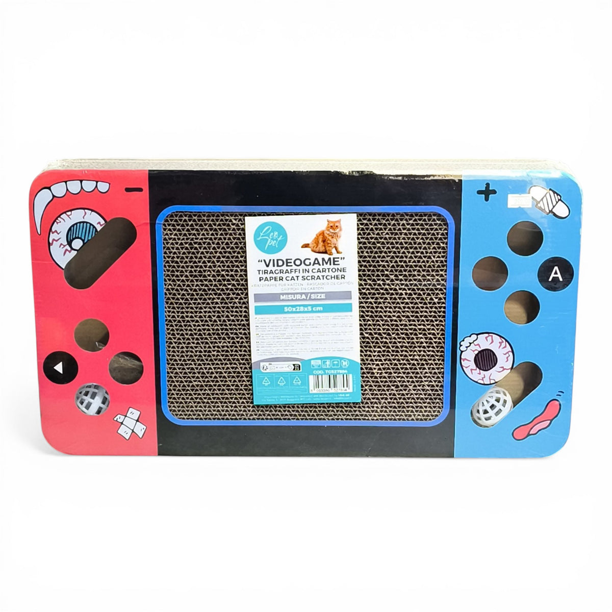 Maroc-animalerie videogame-themed cardboard cat scratcher designed like a game controller, featuring red and blue sections with playful graphics.