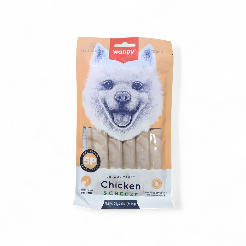 Maroc-animalerie Wanpy Creamy Treat Chicken & Cheese dog treats, lickable and hand-feedable for dogs of all sizes.