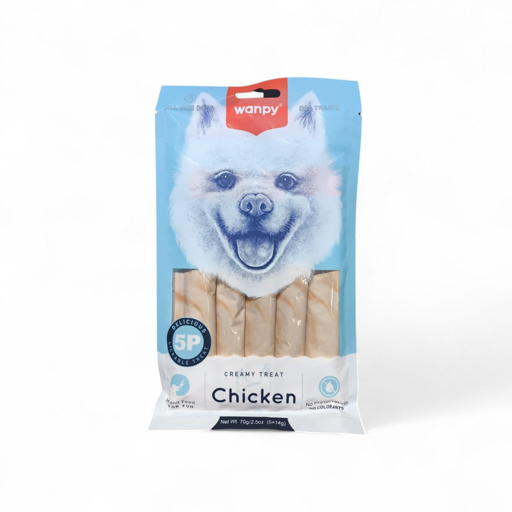 Maroc-animalerie Wanpy creamy chicken dog treats, lickable snack for all dog sizes, no preservatives or artificial colors.