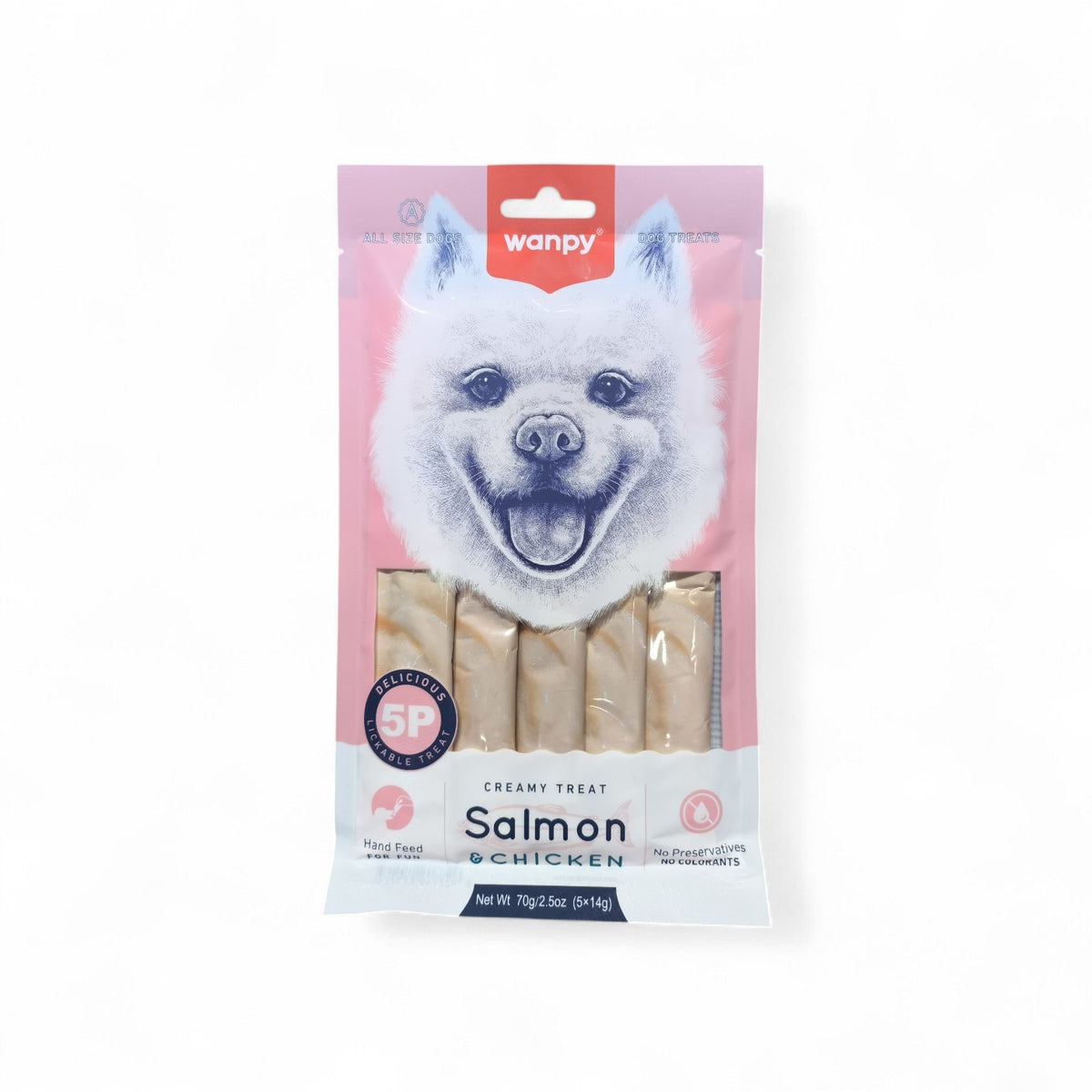 Maroc-animalerie Wanpy Salmon & Chicken creamy dog treats, lickable and hand-feedable for all dog sizes. No preservatives or colorants.
