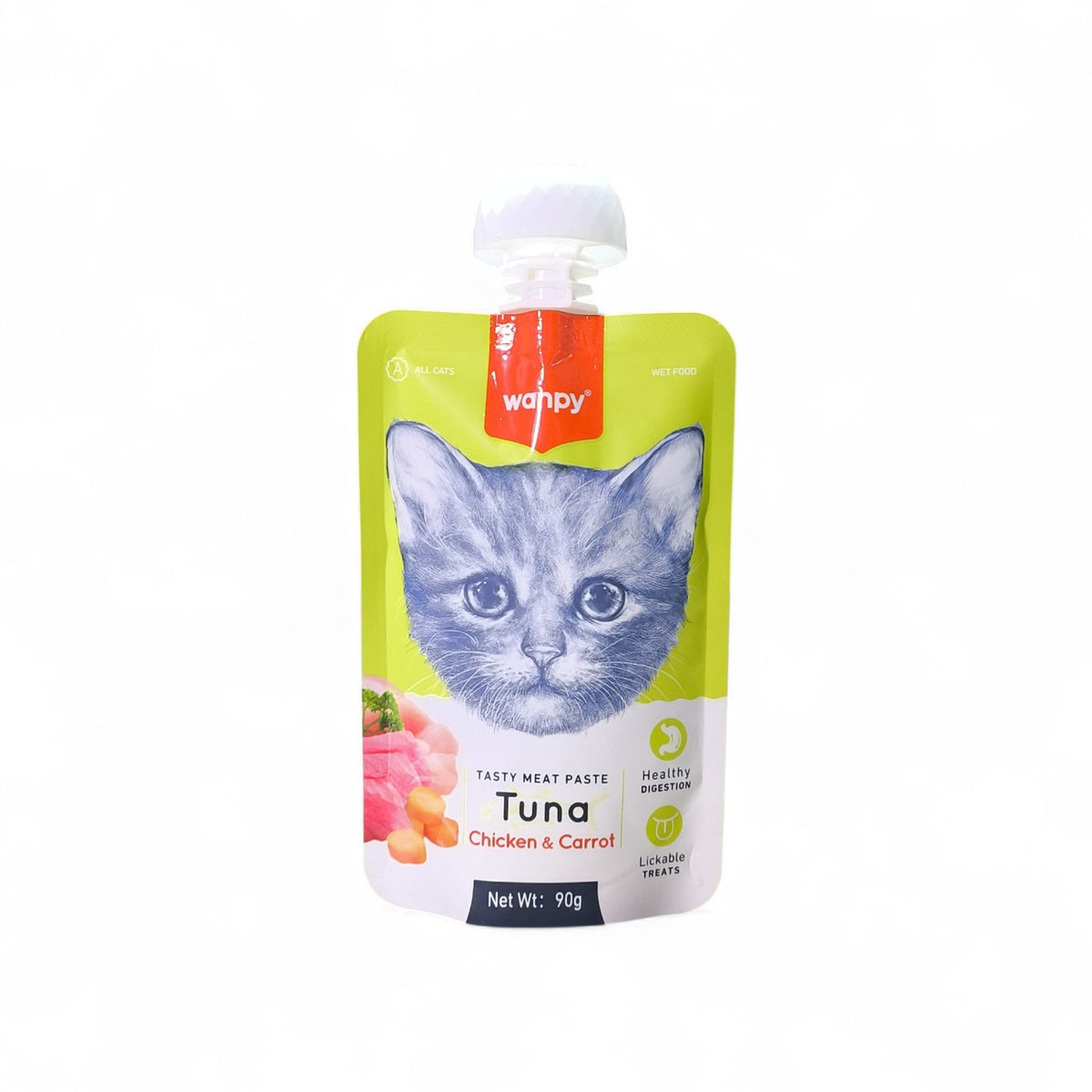 Maroc-animalerie Wanpy Tasty Meat Paste Tuna Chicken & Carrot wet food for cats, 90g pouch with healthy digestion benefits.
