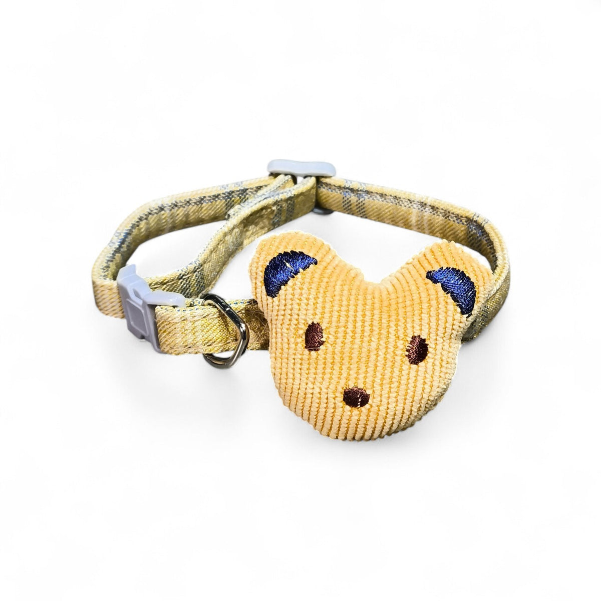 Maroc-animalerie adjustable pet collar with a yellow corduroy teddy bear charm and blue embroidered ears.