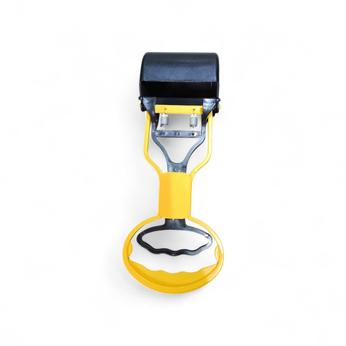 Maroc-animalerie yellow and black plastic dog waste pickup tool with long handle and sturdy jaws for efficient, hands-free cleanup.