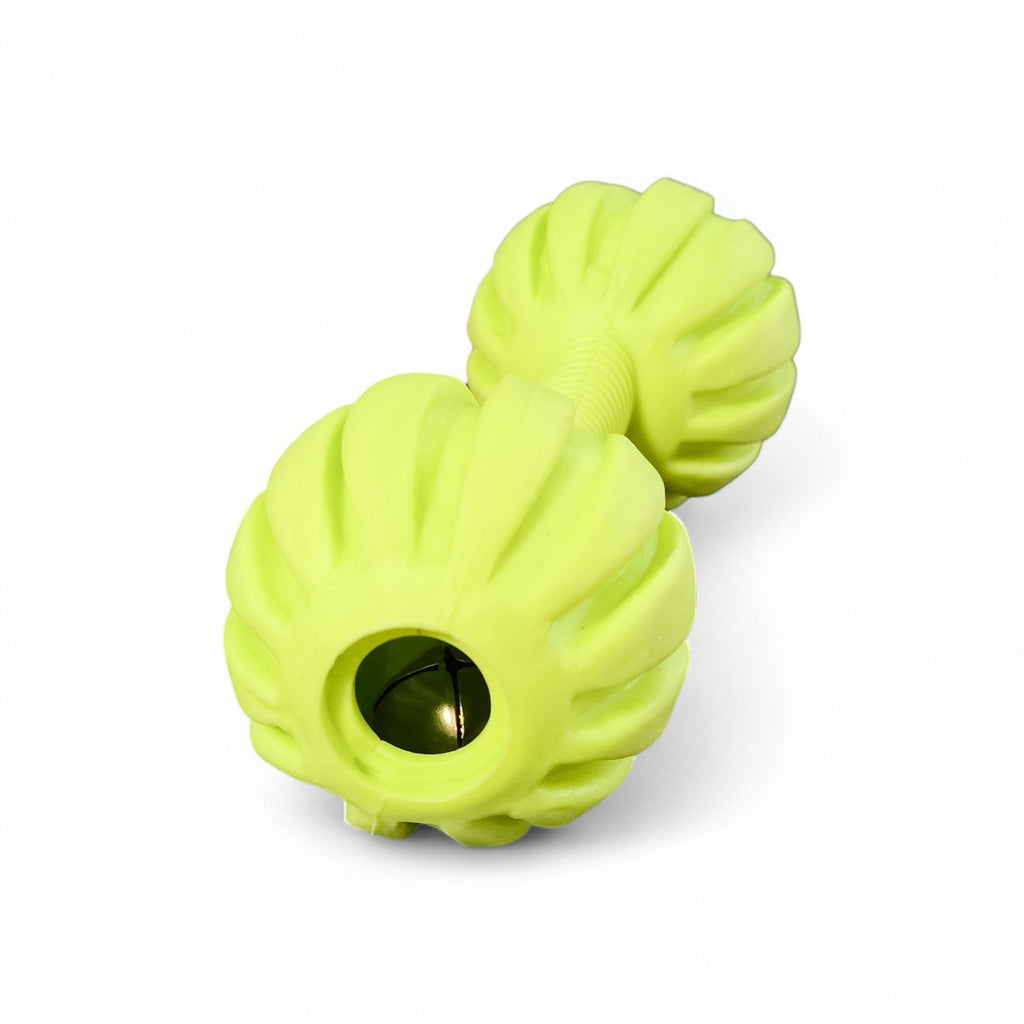 Maroc-animalerie yellow rubber dumbbell dog toy with textured surface and treat dispensing hole.