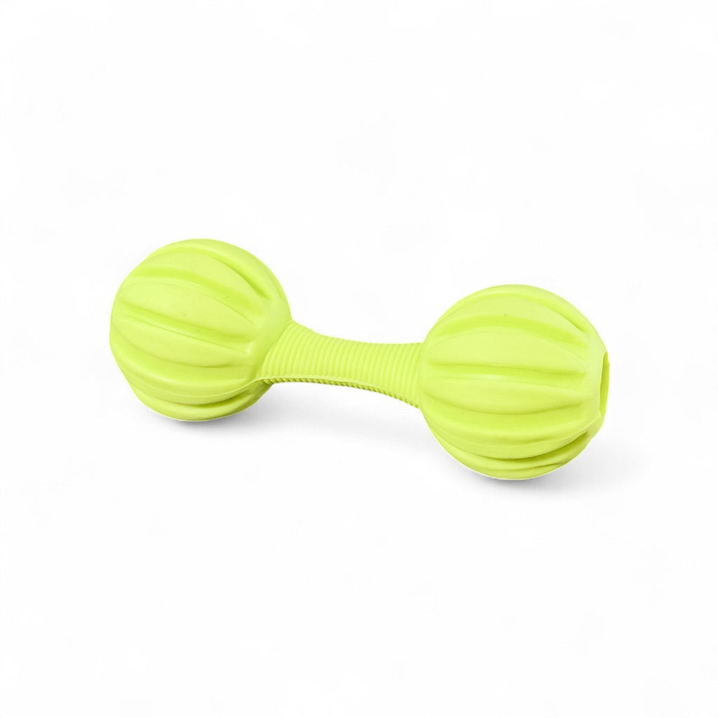 Maroc-animalerie yellow rubber dumbbell dog toy with textured surface for interactive play and treat dispensing.
