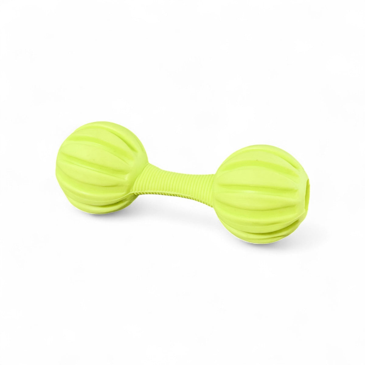 Maroc-animalerie yellow rubber dumbbell dog toy with textured surface for interactive play and treat dispensing.