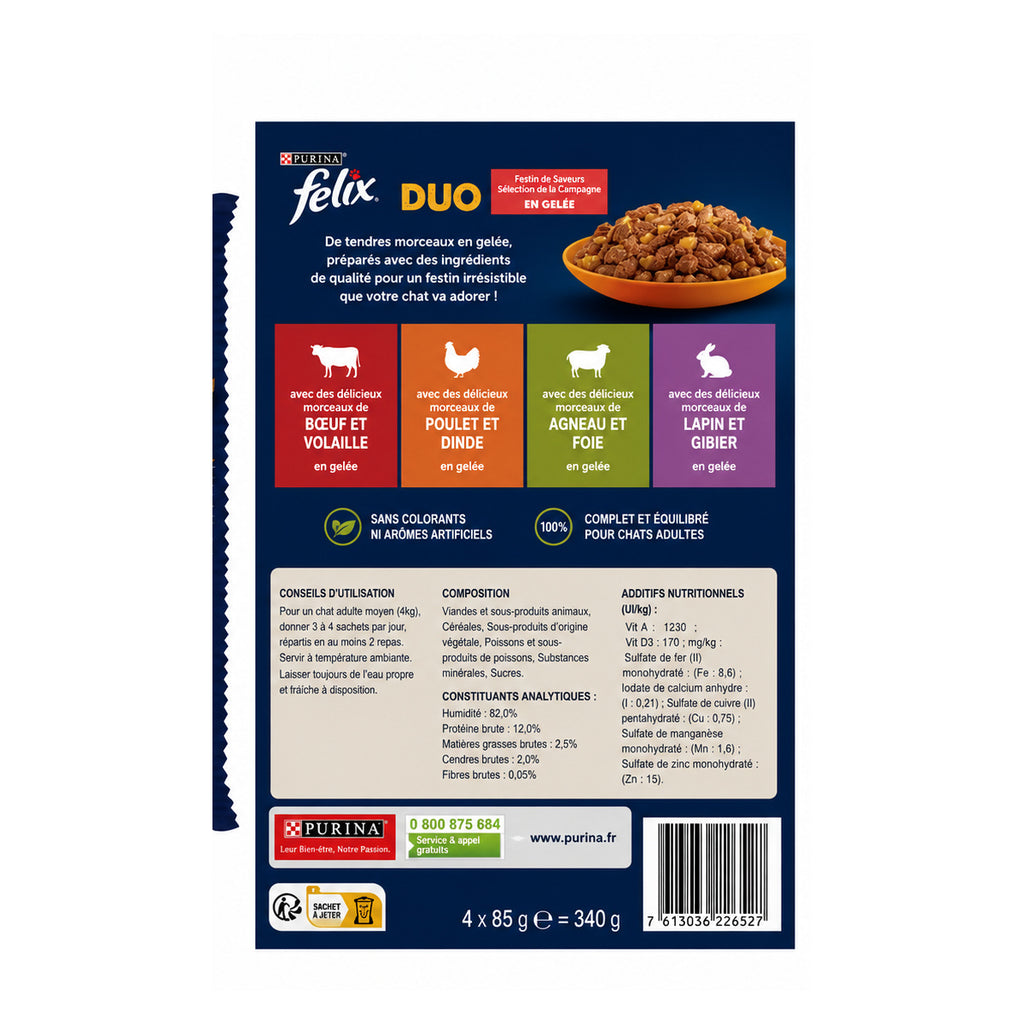 Purina Felix Duo Festin de Saveurs Sélection de la Campagne en Gelée pour Chat (4 x 85 g)